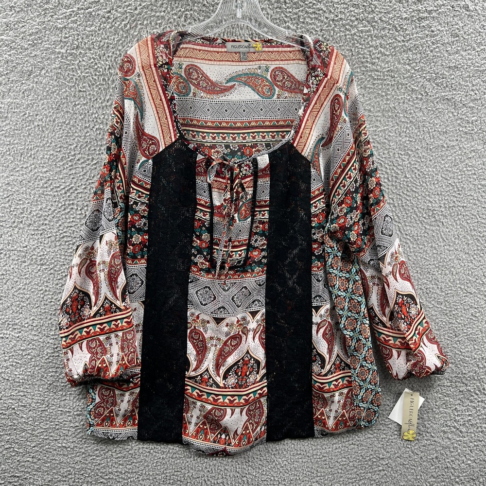 Womens Boho Peasant Top 3X‎ Paisley Patchwork Flowy Festival Long Sleeve Relaxed